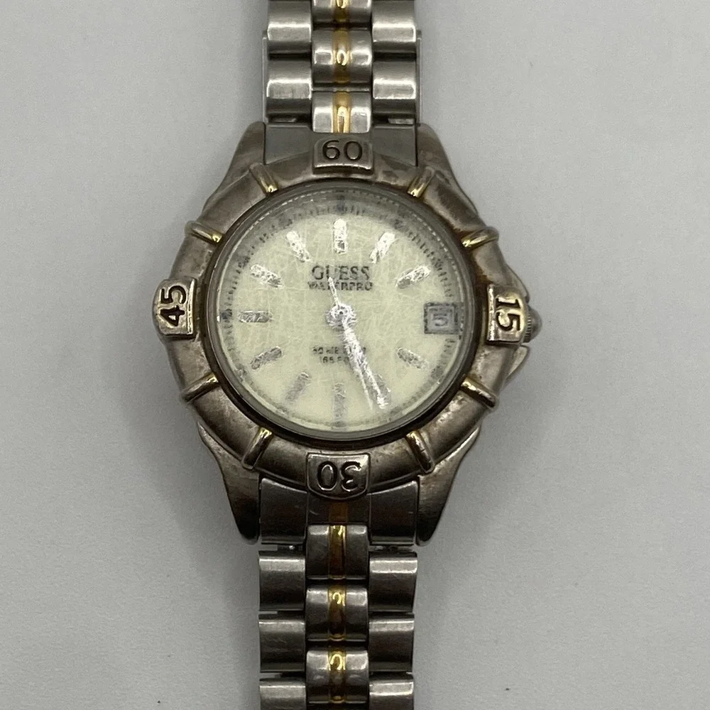 Vintage‎ 1996 Guess Waterpro Watch Women 30mm Silver Gold Tone Date Untested